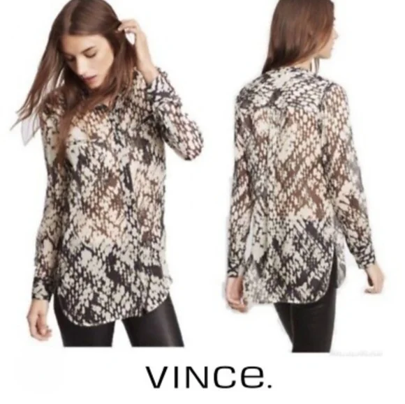 Vince Stylish Black and Cream Basketweave Print Women's Blouse - Picture 1 of 13